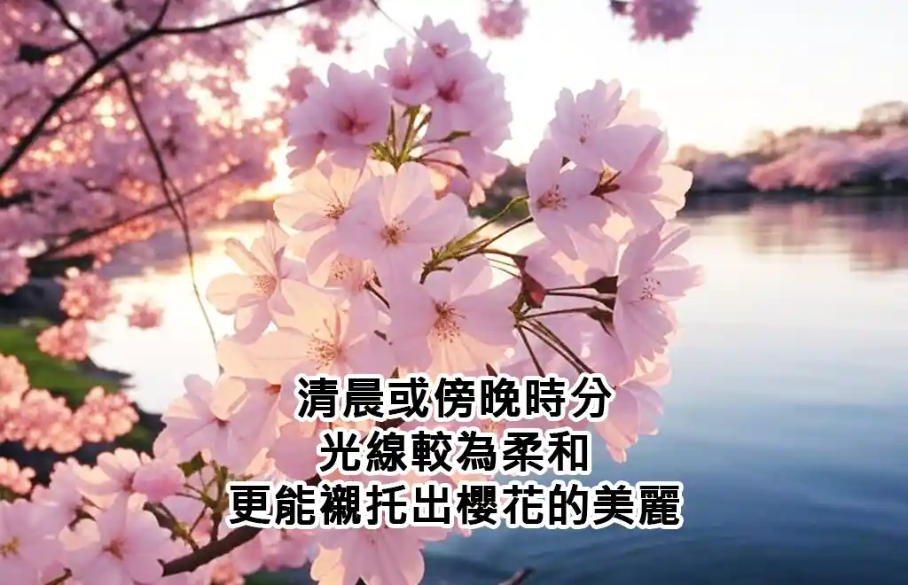 清晨或傍晚時分，光線較為柔和，更能襯托出櫻花的美麗。