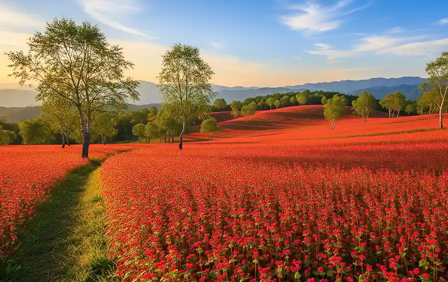 信州伊那高原的紅蕎麥花田